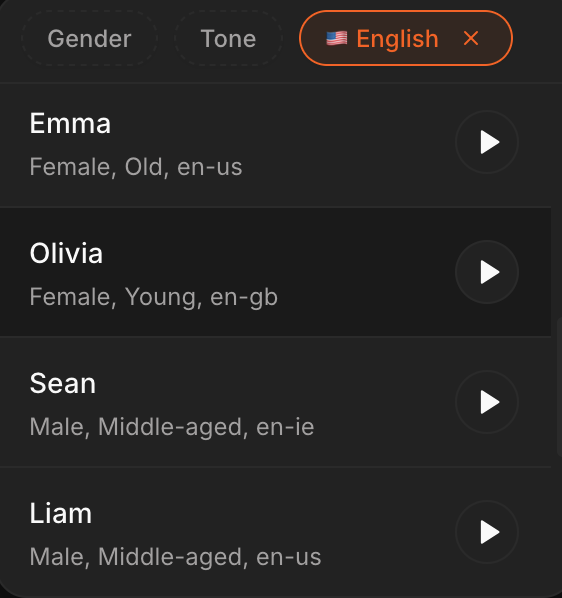 Voice dropdown showing English voices with no accent filter