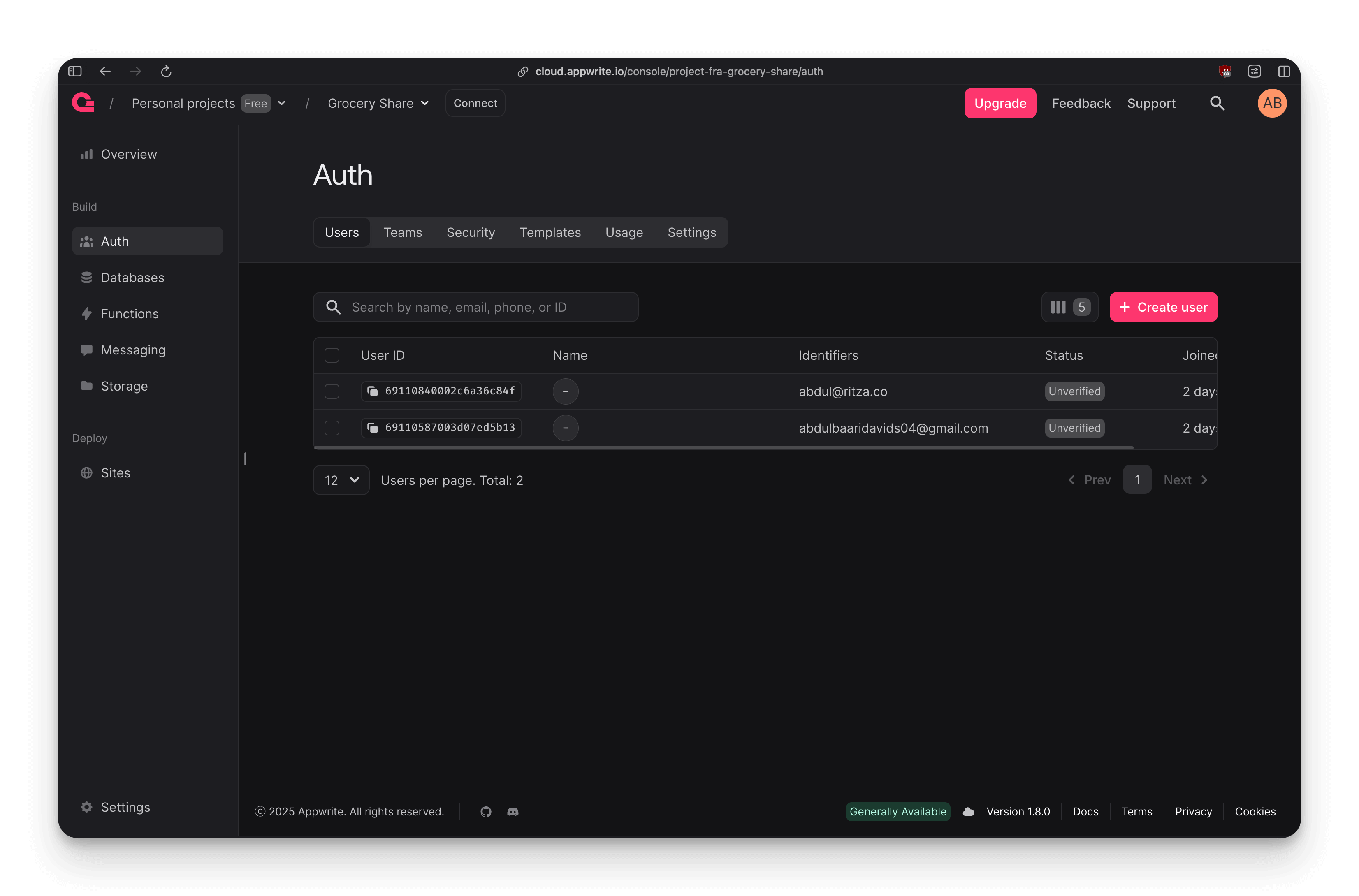 Appwrite authentication view