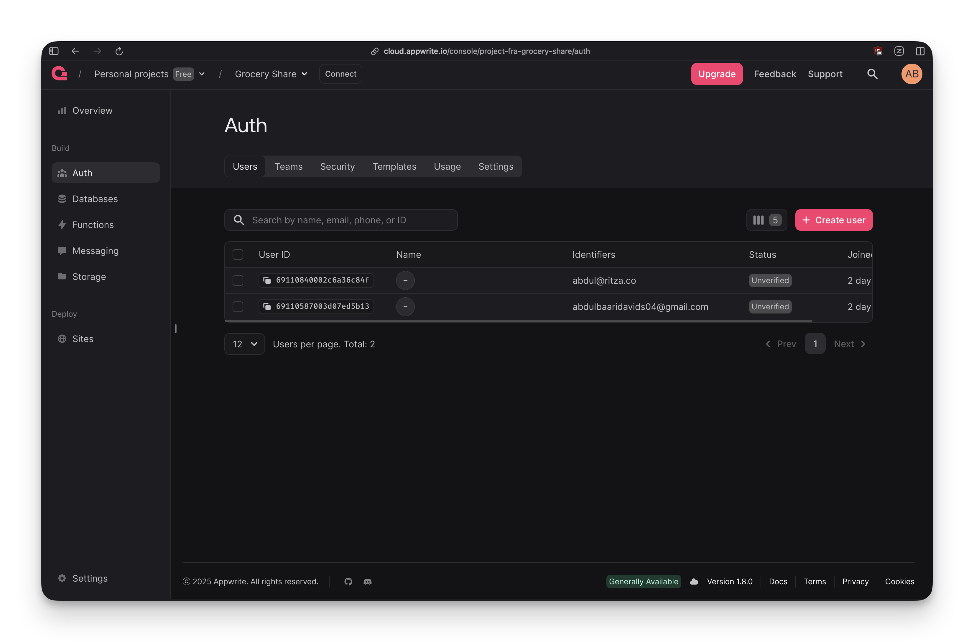 Appwrite authentication view