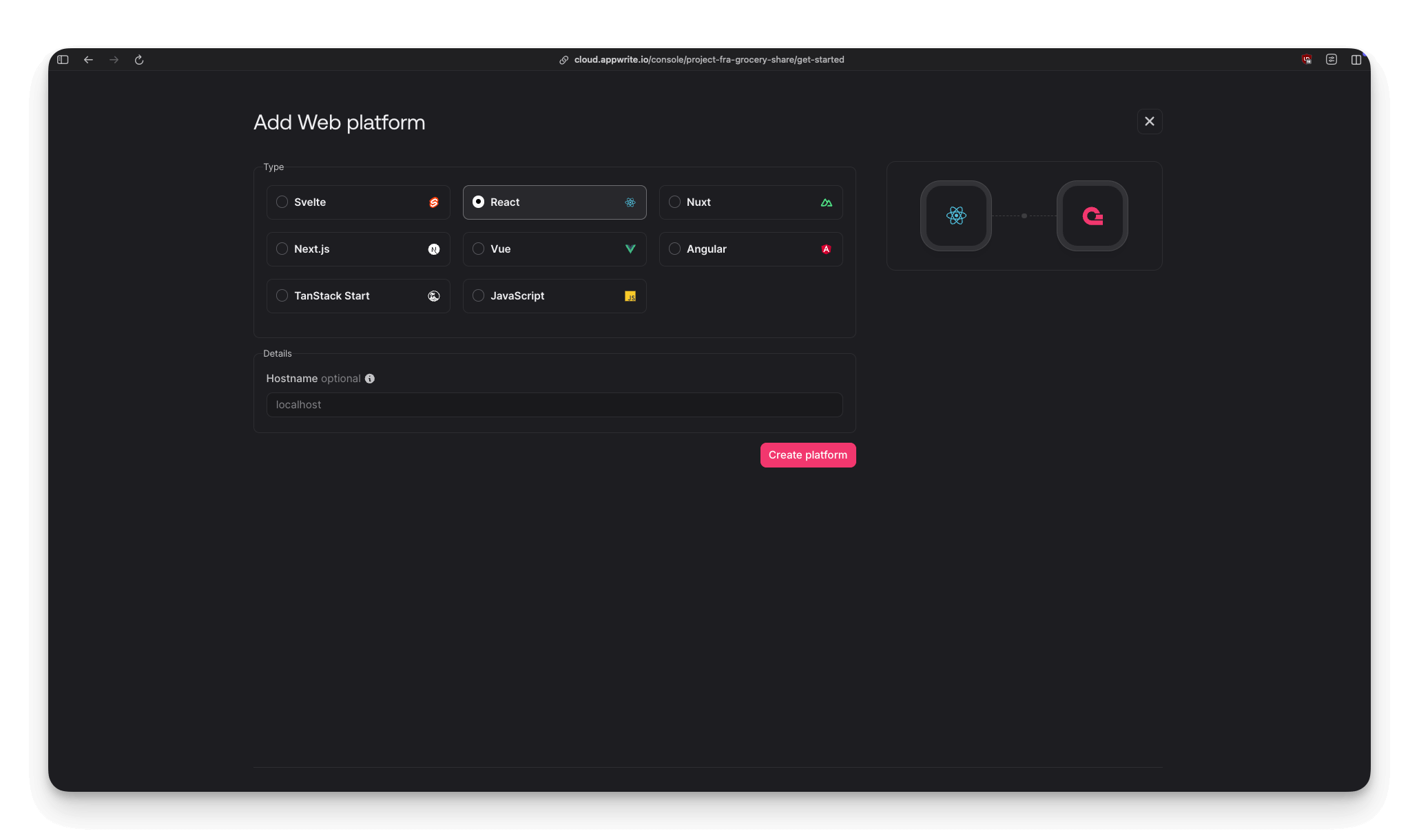 Appwrite platform selection modal