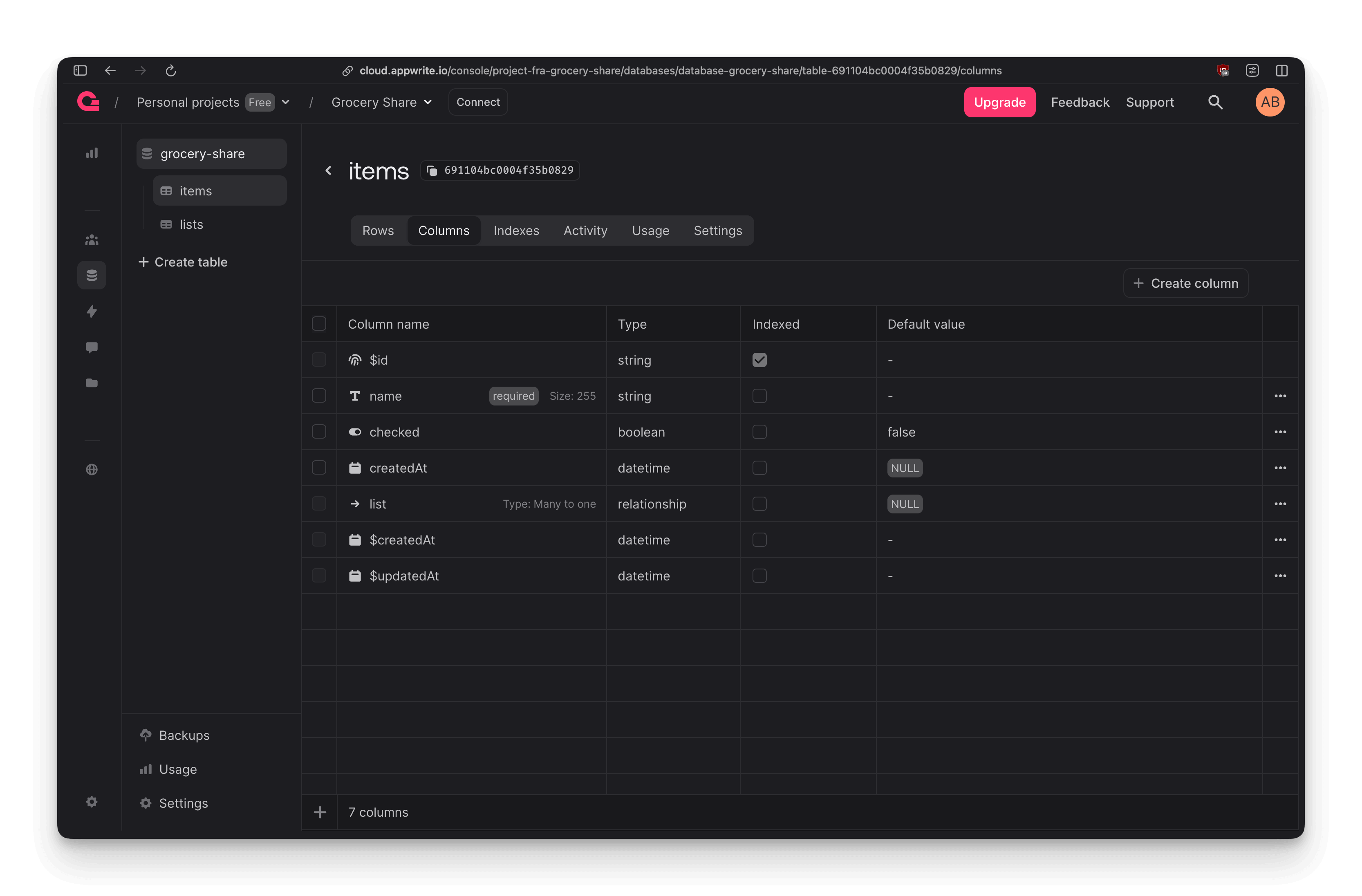 Appwrite database showing the items collection