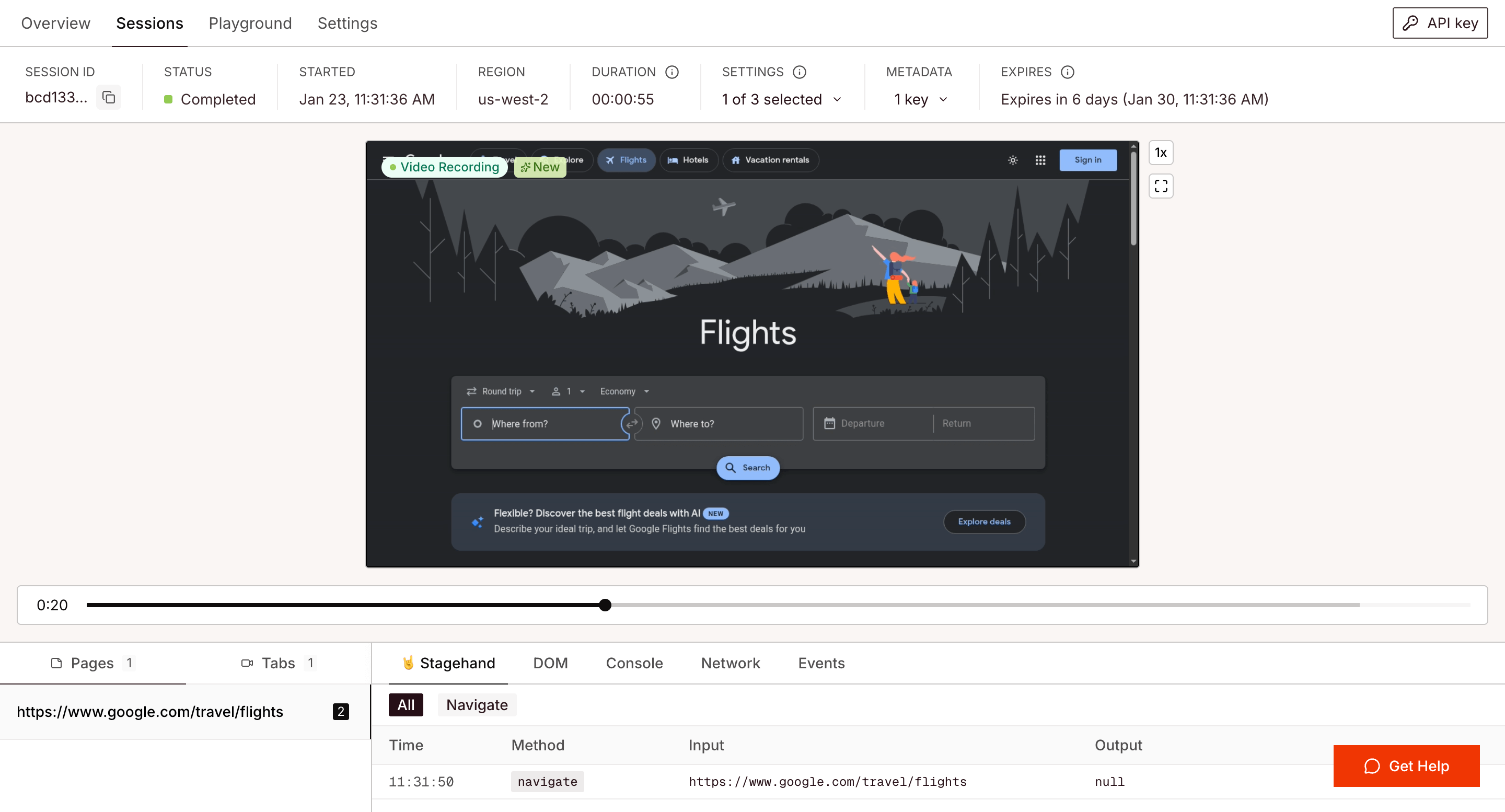 Browserbase Session Inspector with Google Flights
