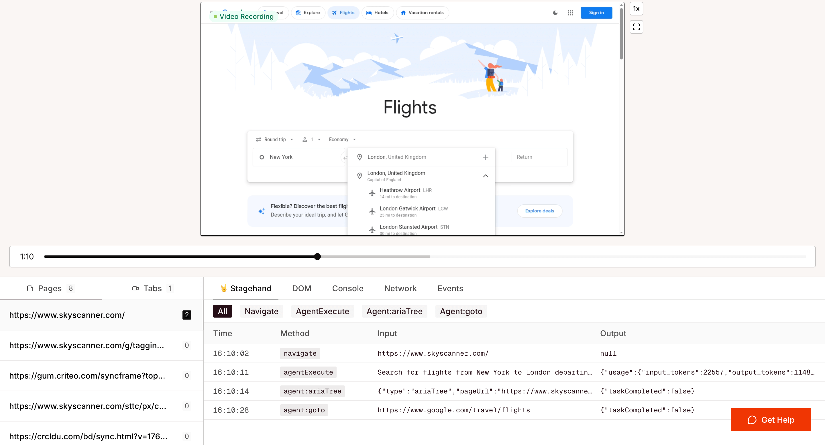 Browserbase Session Inspector showing Skyscanner