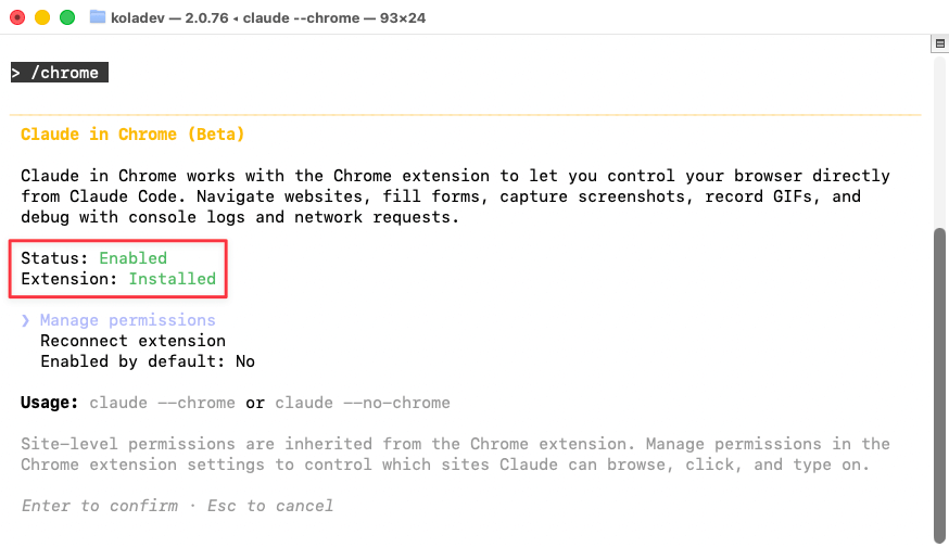 Claude Code terminal showing Chrome extension detection status with connection confirmation message