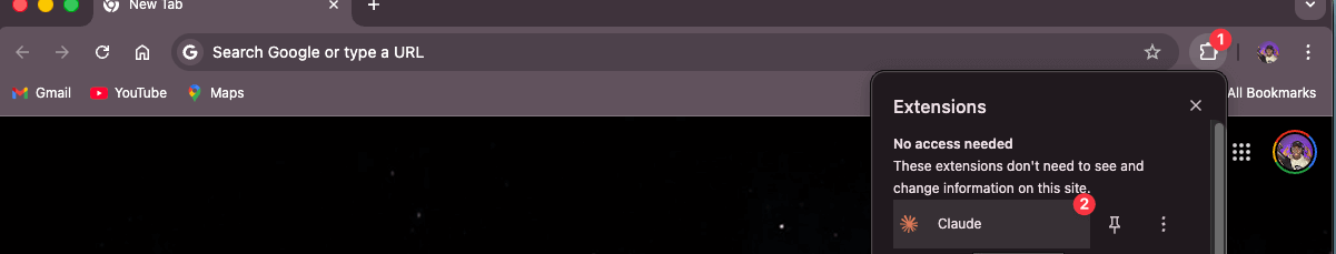 Claude Chrome extension icon in the browser toolbar with login prompt displayed