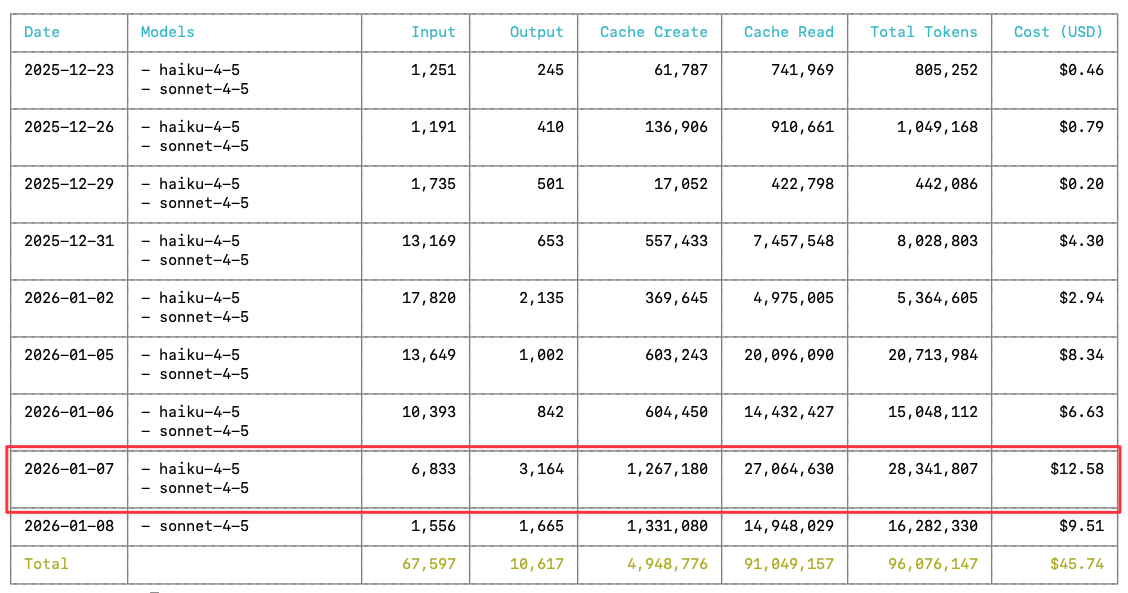 Daily API token usage showing 28M tokens at $12.58 cost