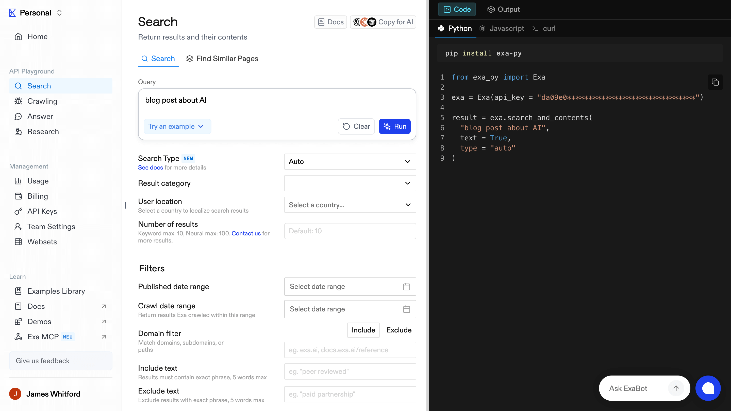 Exa Playground Interface