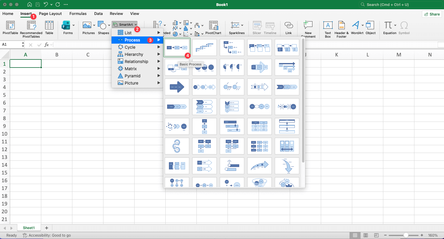 Excel SmartArt insert process