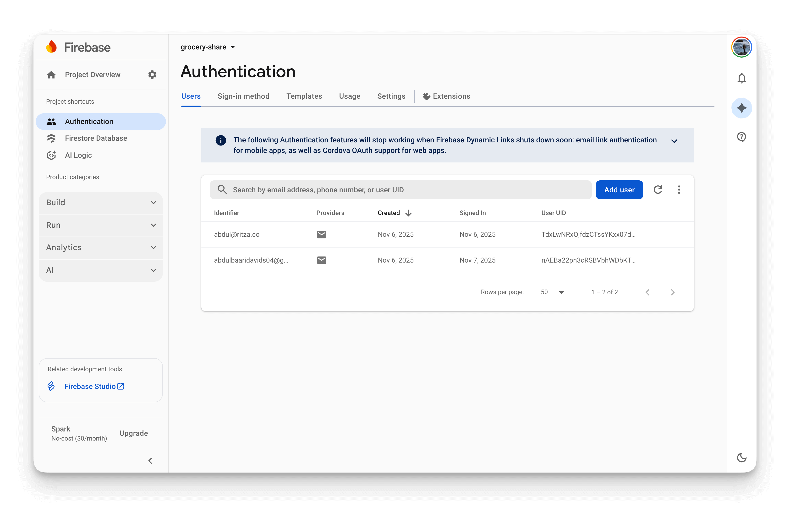 Firebase authentication showing user list