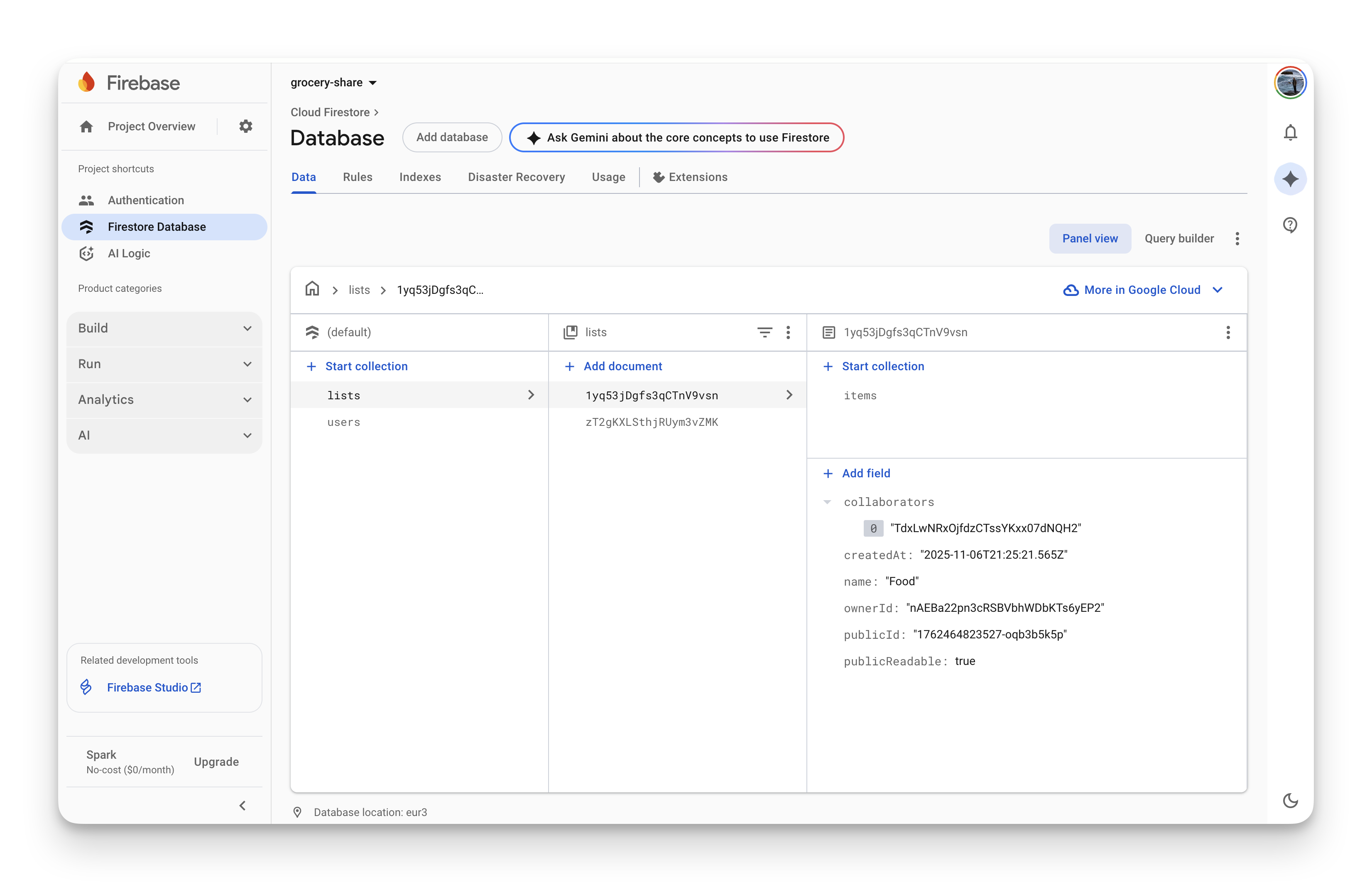 Firebase Firestore database showing collections and documents
