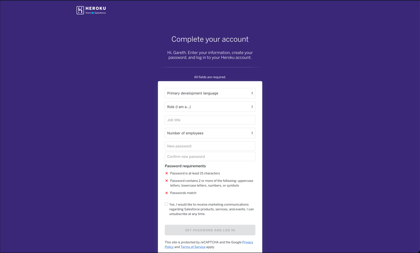 Heroku complete your account form