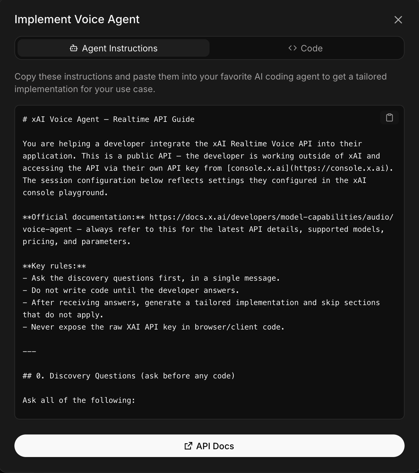 The Implement button exports your agent as a coding prompt or plain JavaScript