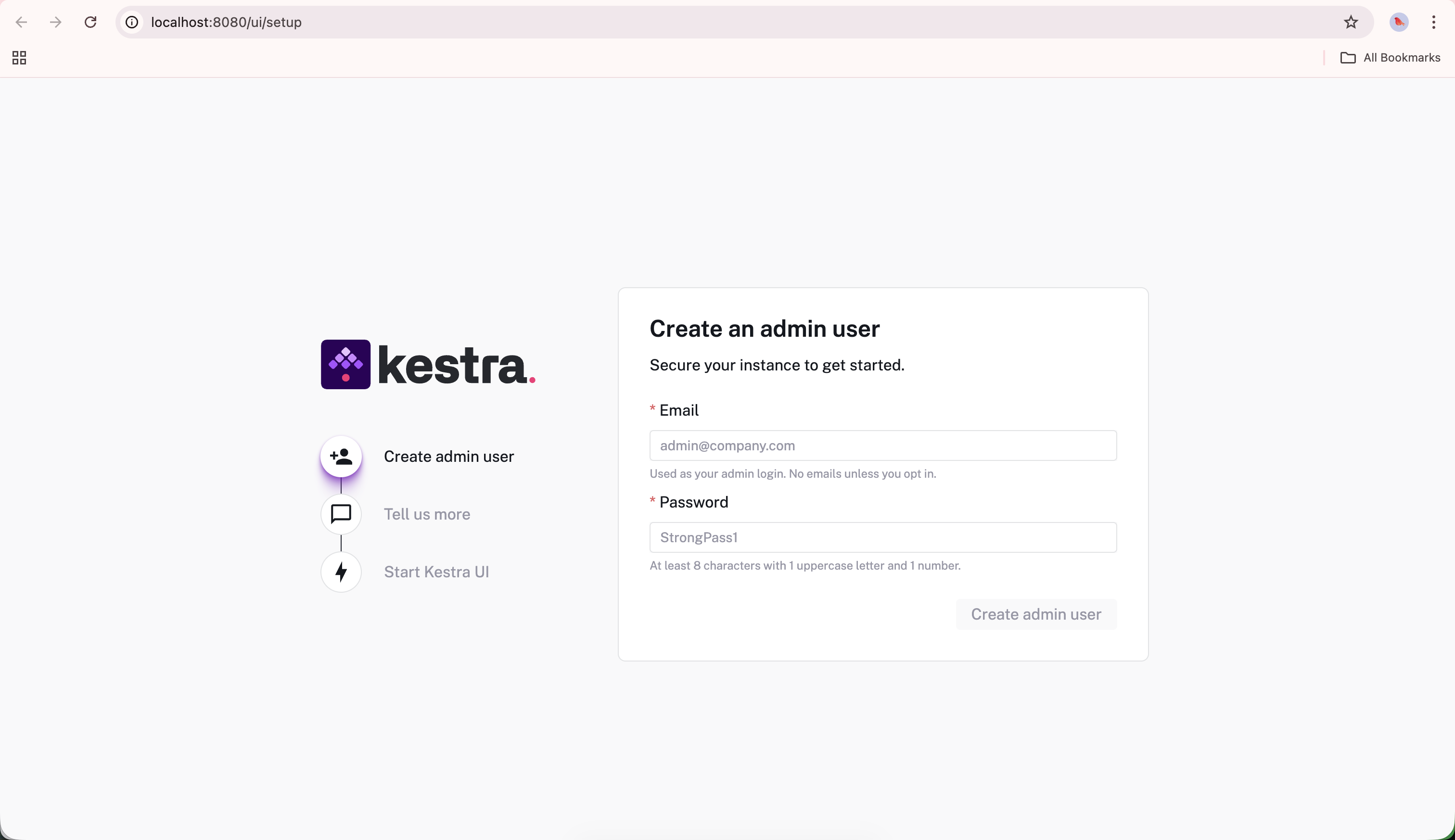 Kestra setup screen at localhost:8080/ui/setup