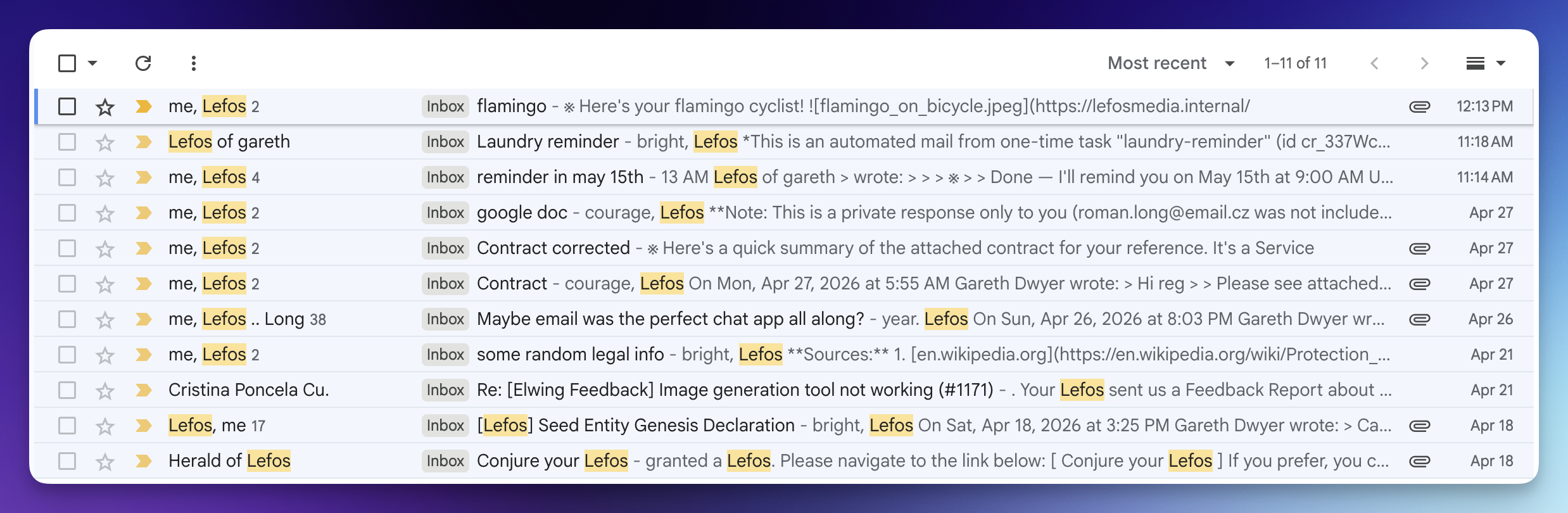 Lefos emails in Gmail inbox