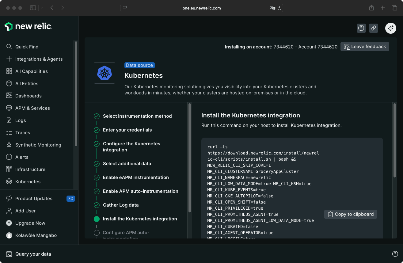 New Relic Install Command