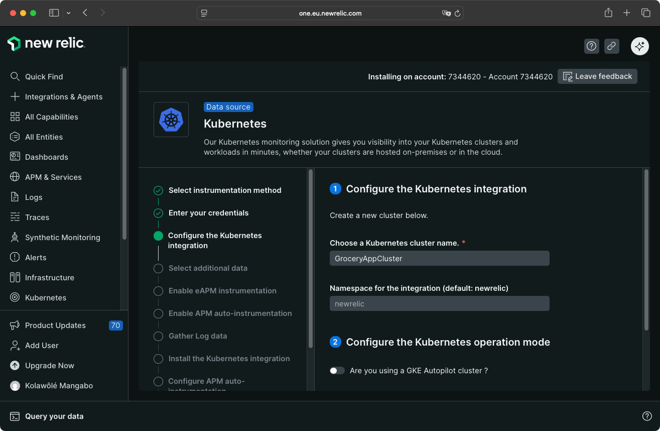 New Relic Kubernetes Configuration