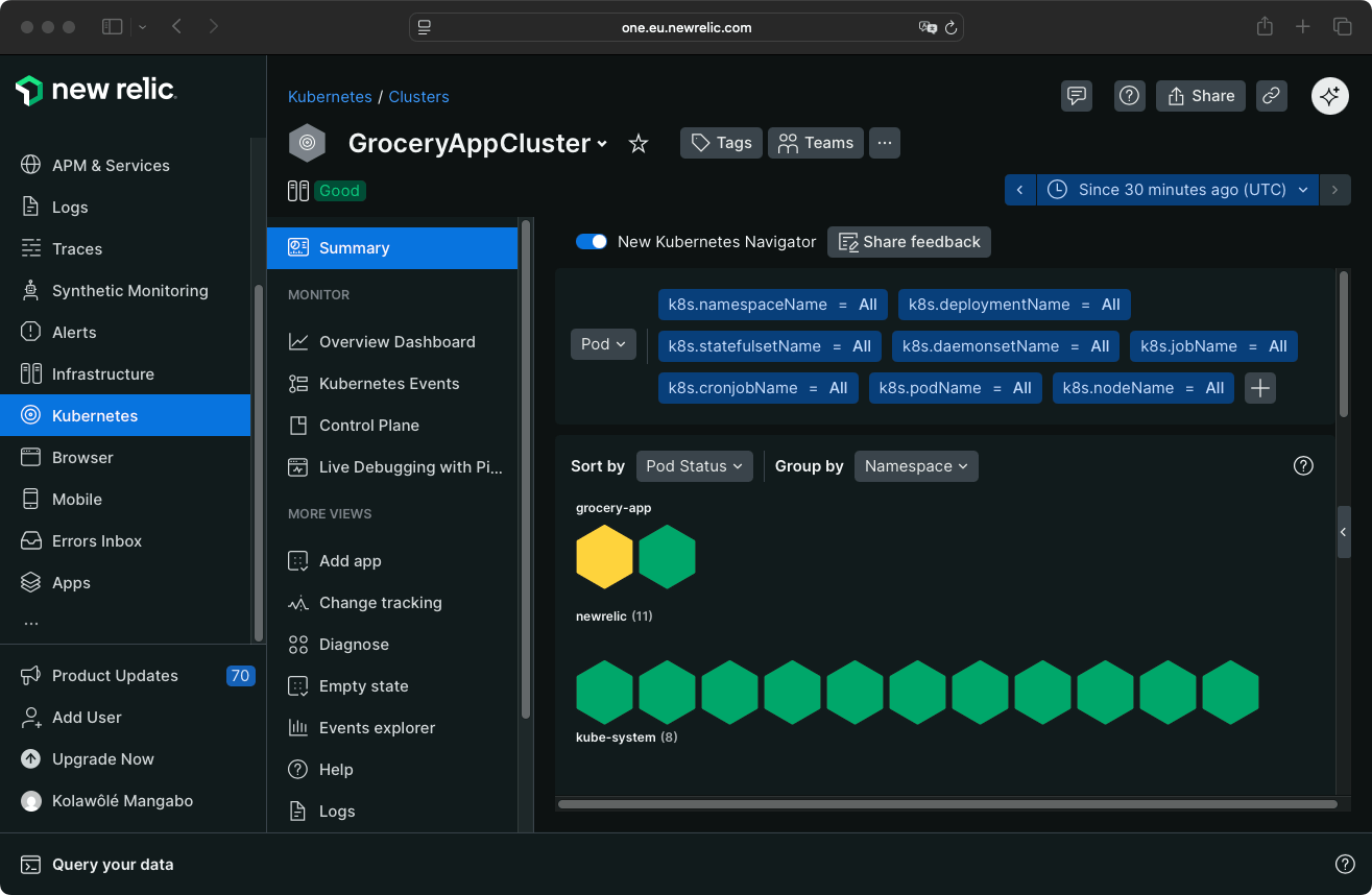 New Relic Kubernetes Dashboard