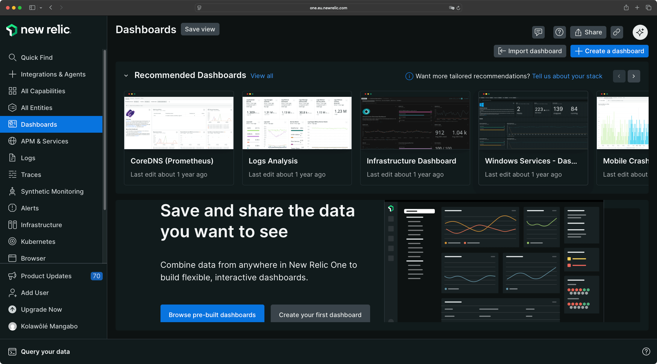 New Relic Prebuilt Dashboards