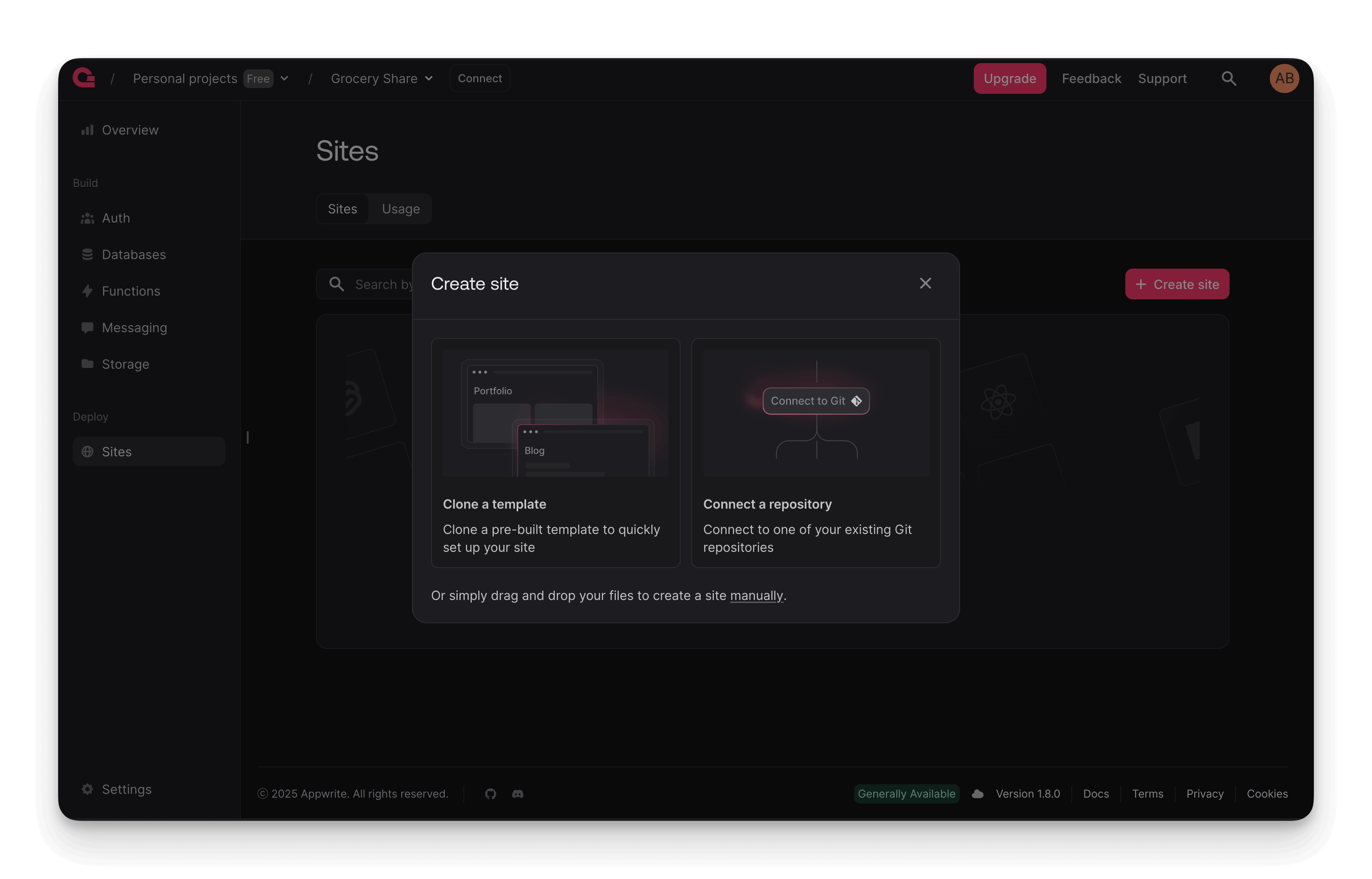 Appwrite hosting dashboard