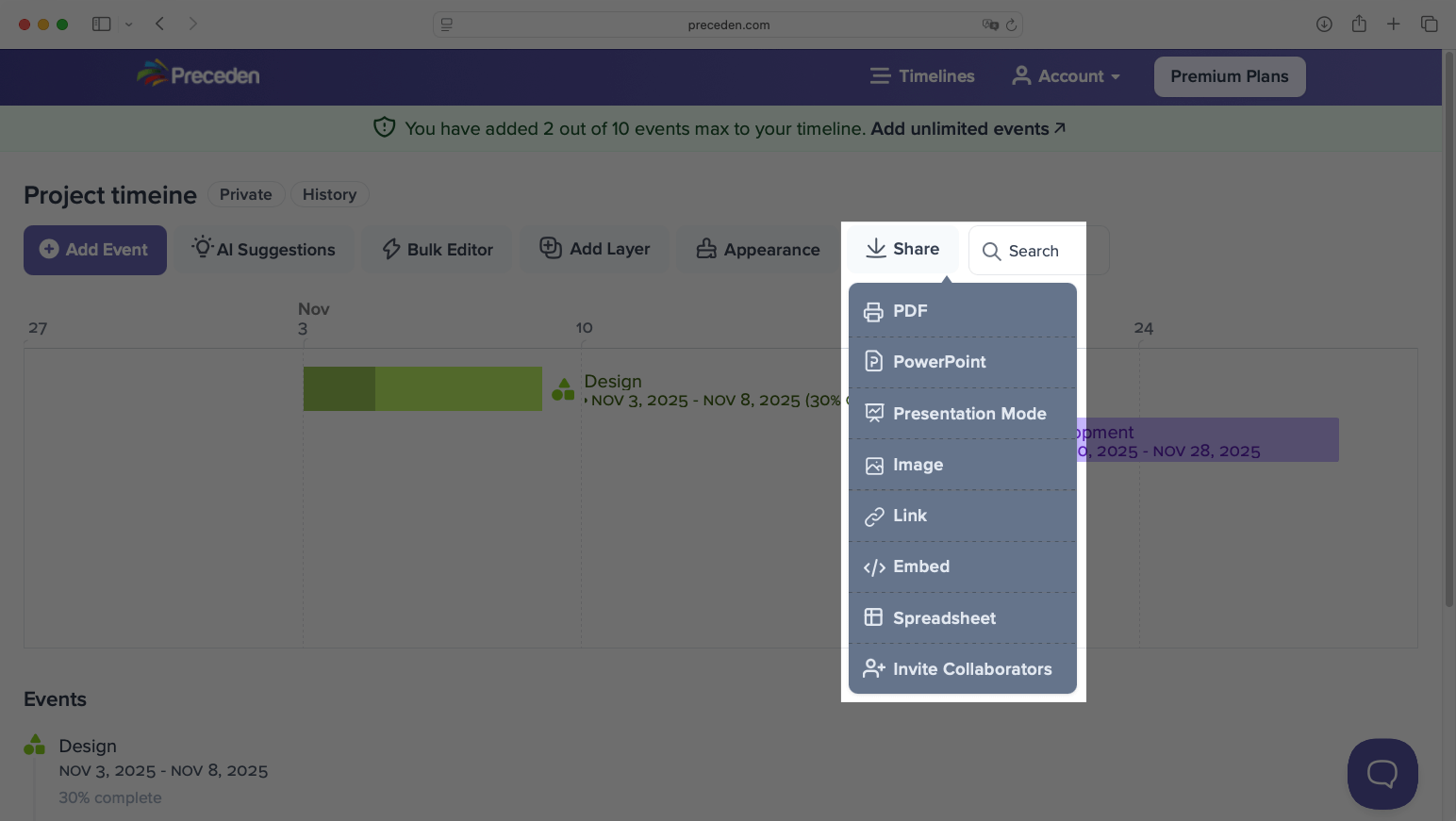 Preceden export options