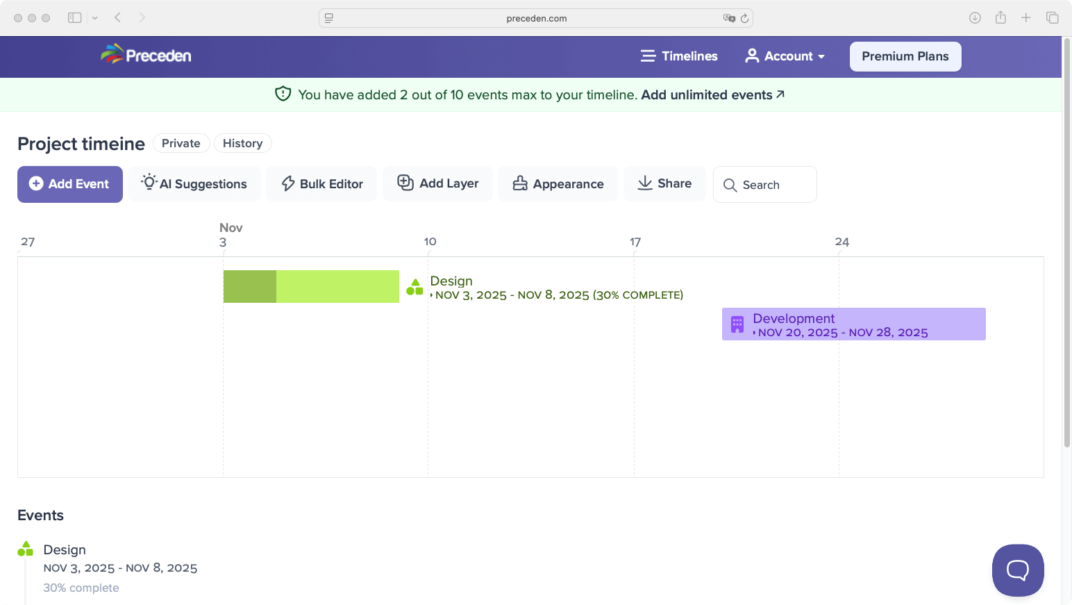 Preceden timeline result