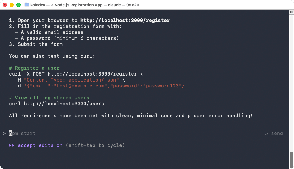 Project creation result