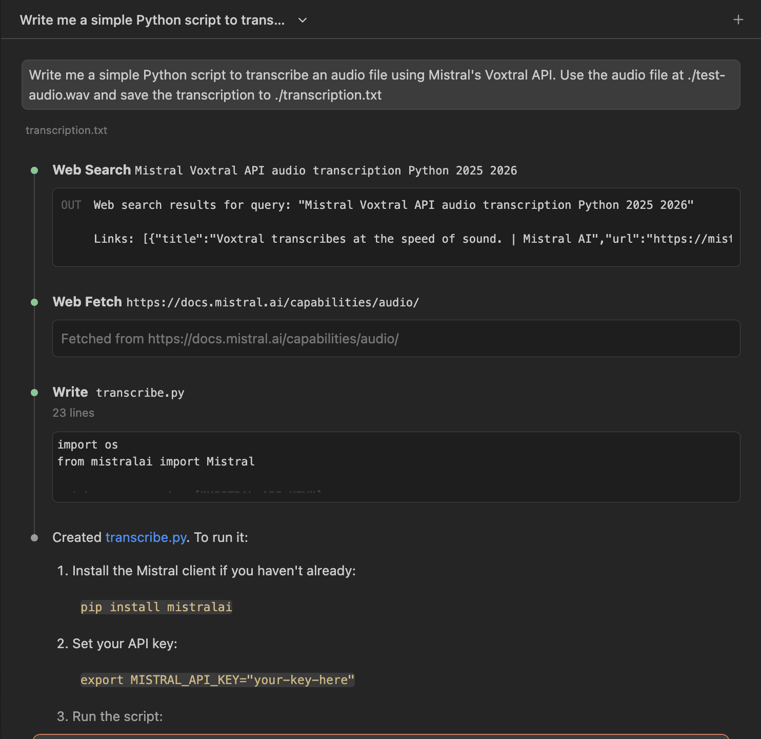 Screenshot showing Claude Code's response for OpenAI Whisper API. The code uses the OpenAI SDK with client.audio.transcriptions.create(), passing model="whisper-1" and the audio file. Clean, straightforward implementation with no errors.