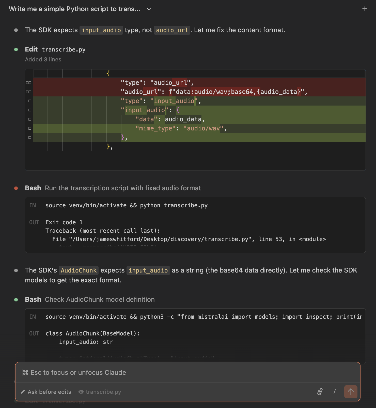 Screenshot showing Claude Code attempting to write Mistral code without web search. Multiple error messages visible showing ValidationError for audio_url type not supported, then input_audio format incorrect. The agent tries using client.chat.complete() with mistral-small-latest model instead of the correct transcription API. Multiple debugging attempts shown with different format variations.