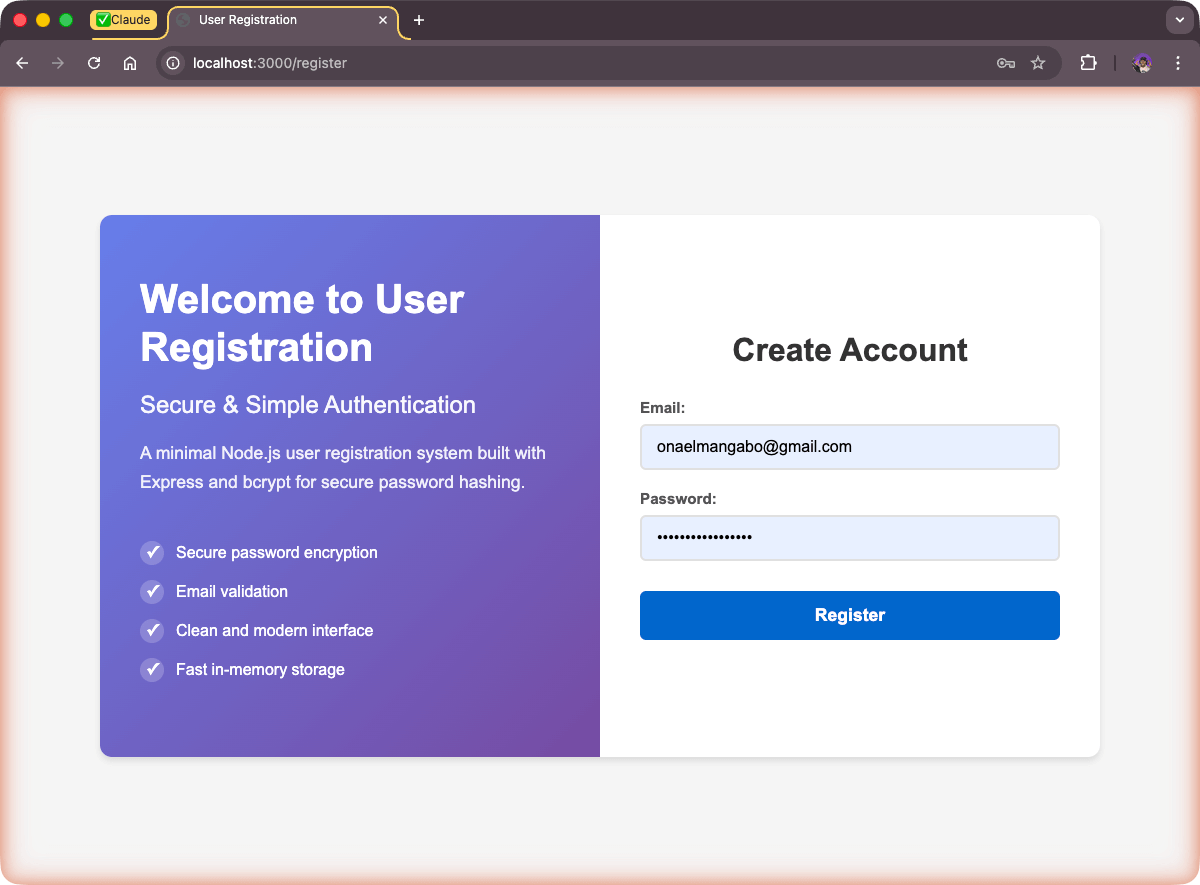 Final redesigned registration page with form on the right side and descriptive project text on the left, both properly aligned