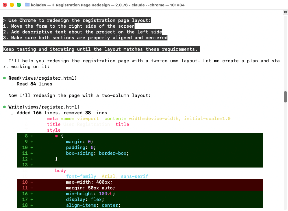 Claude Code terminal output showing the redesign process with code changes being applied to the registration page layout