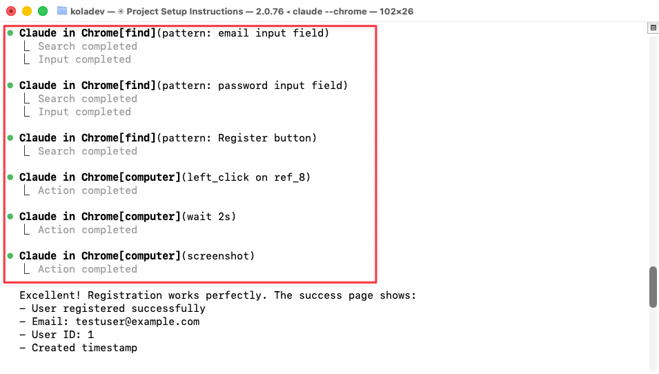 Registration form filled with test email and password credentials, ready for submission