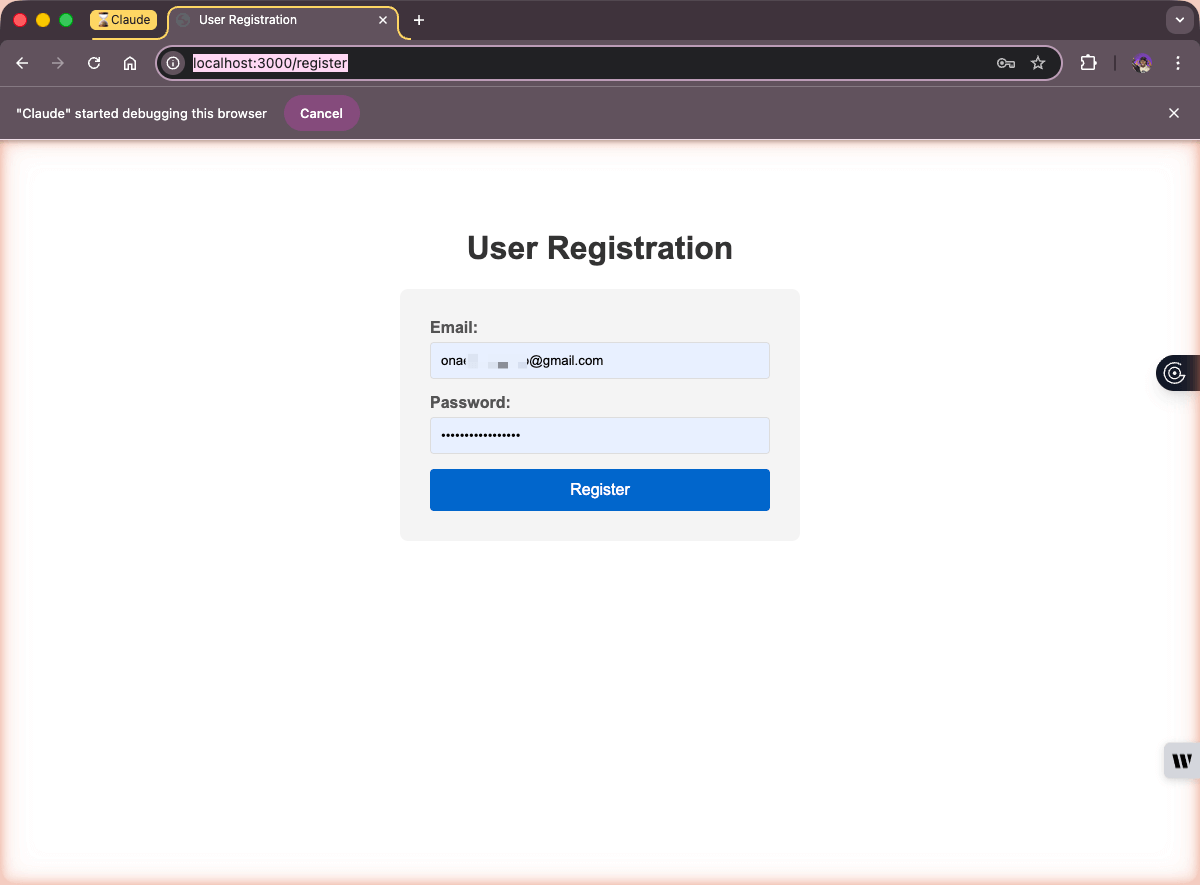 Chrome browser displaying the user registration form with email and password fields on localhost