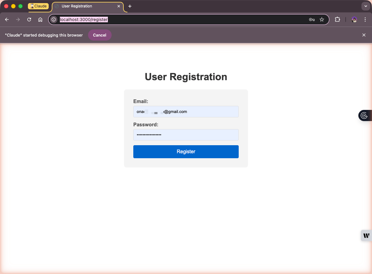 Chrome browser displaying the user registration form with email and password fields on localhost