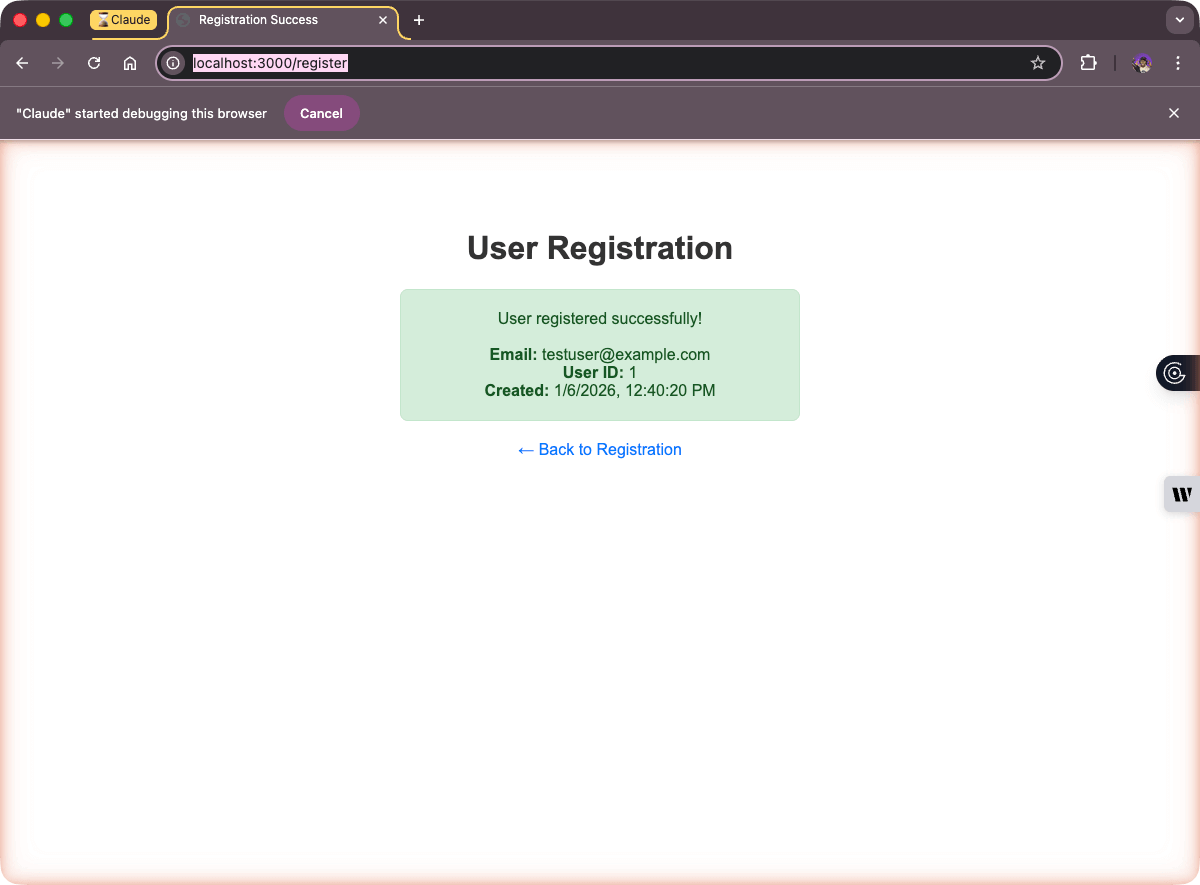 Browser displaying successful registration confirmation message after form submission