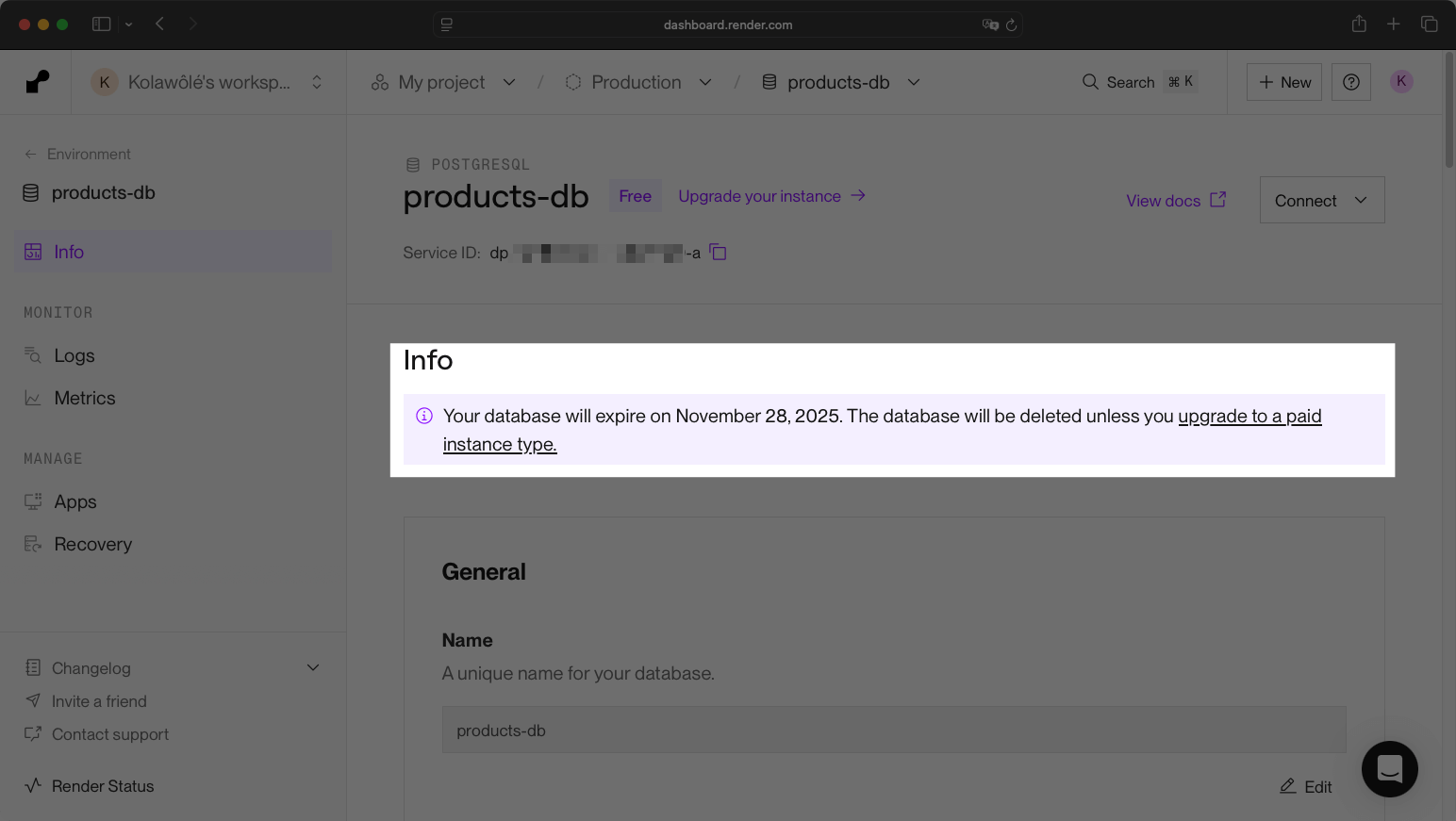 Render database info