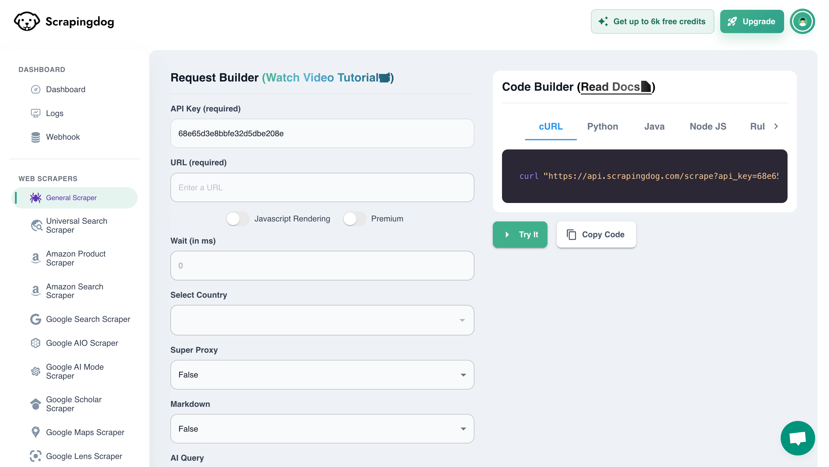 Scrapingdog Request Builder Interface