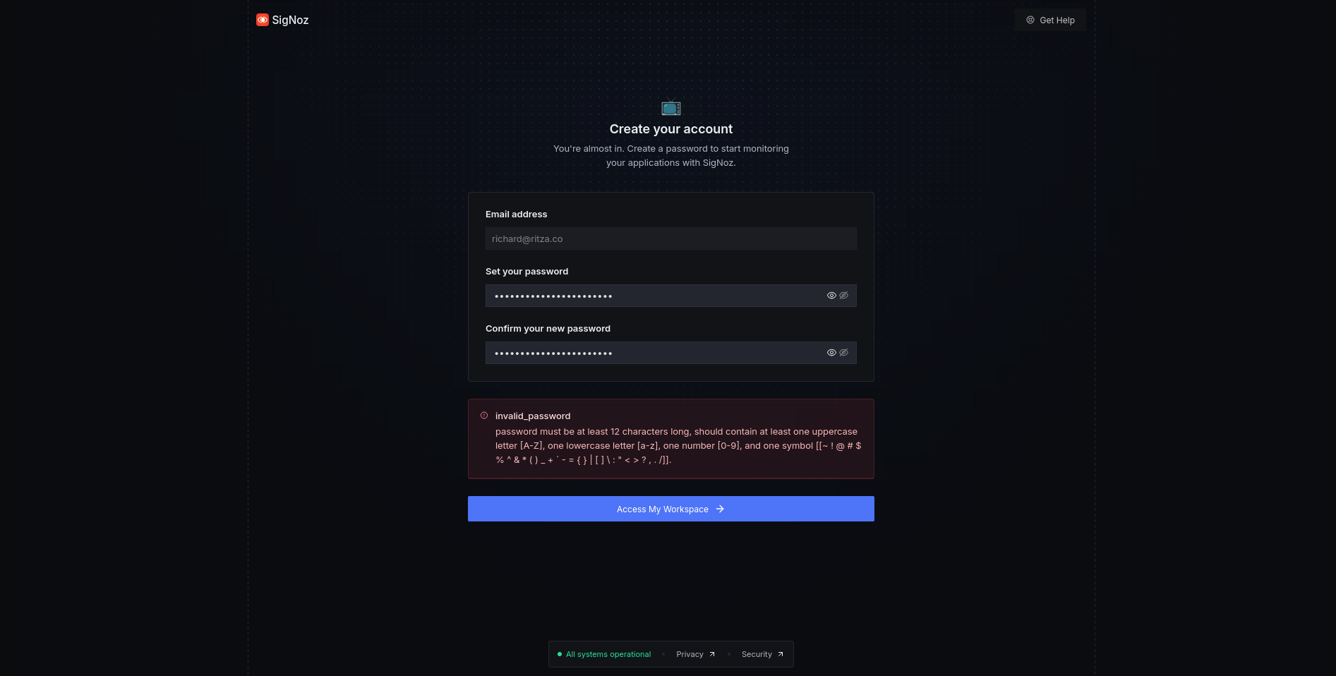 SigNoz password creation