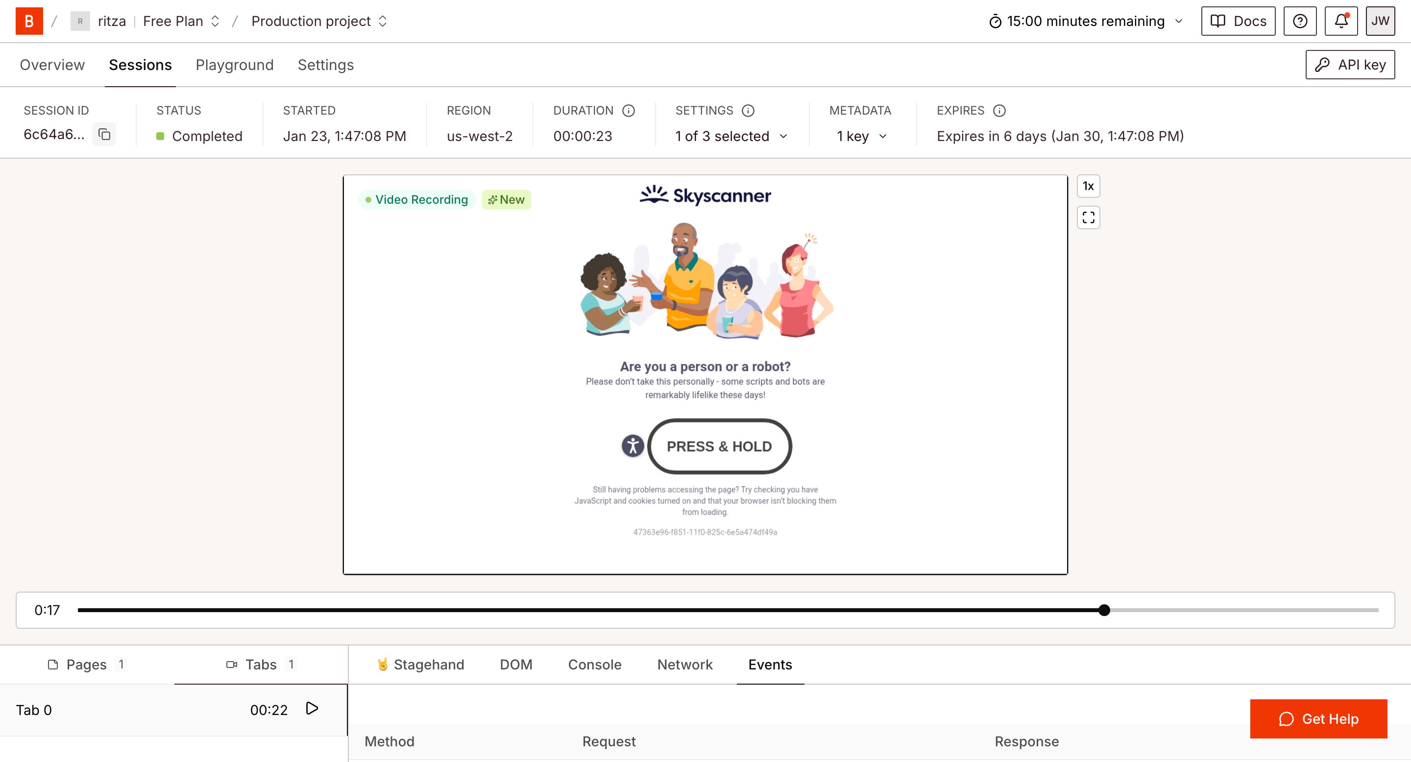 Browserbase blocked by Skyscanner Press & Hold challenge