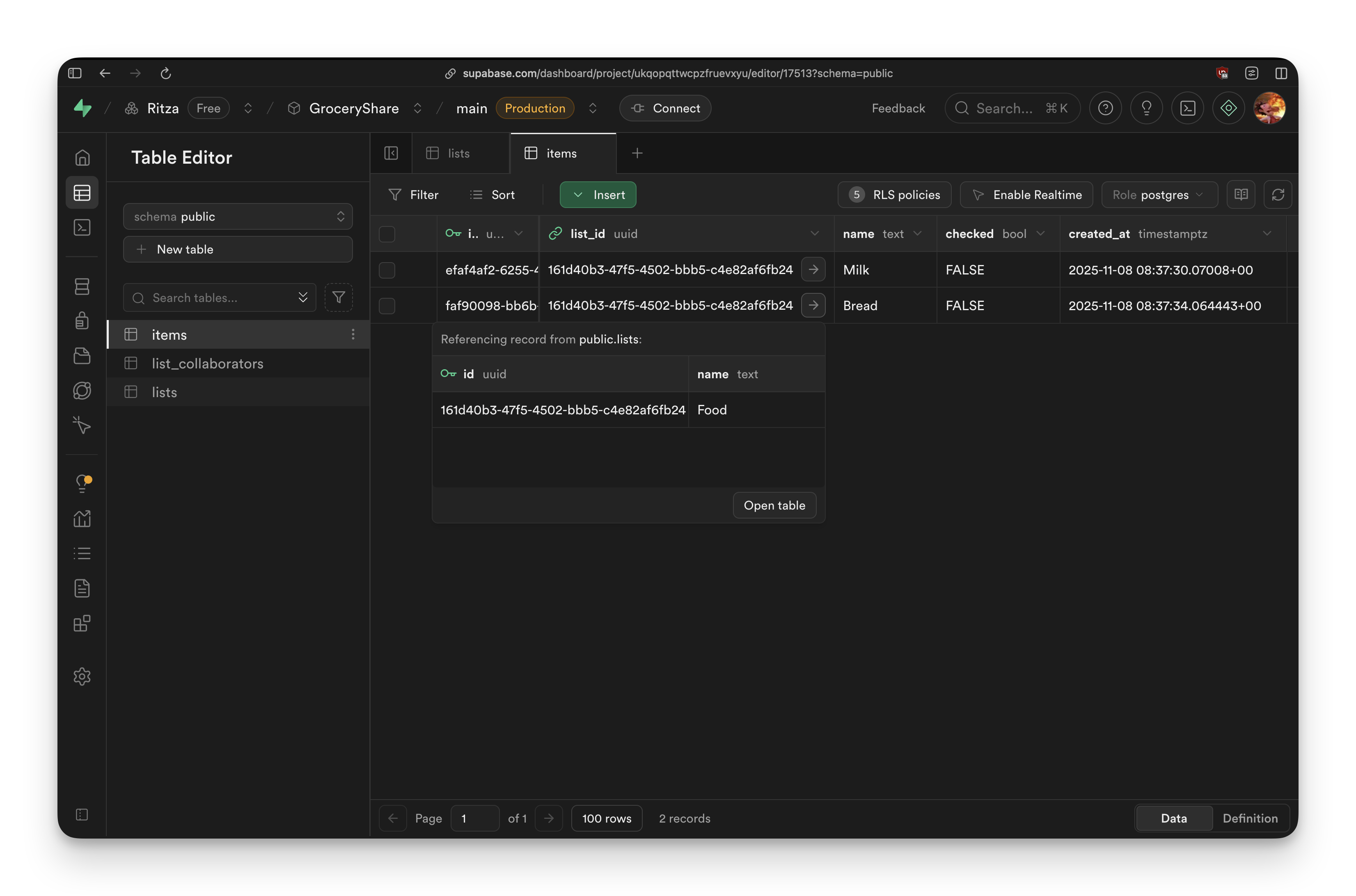 Supabase table editor showing the items table