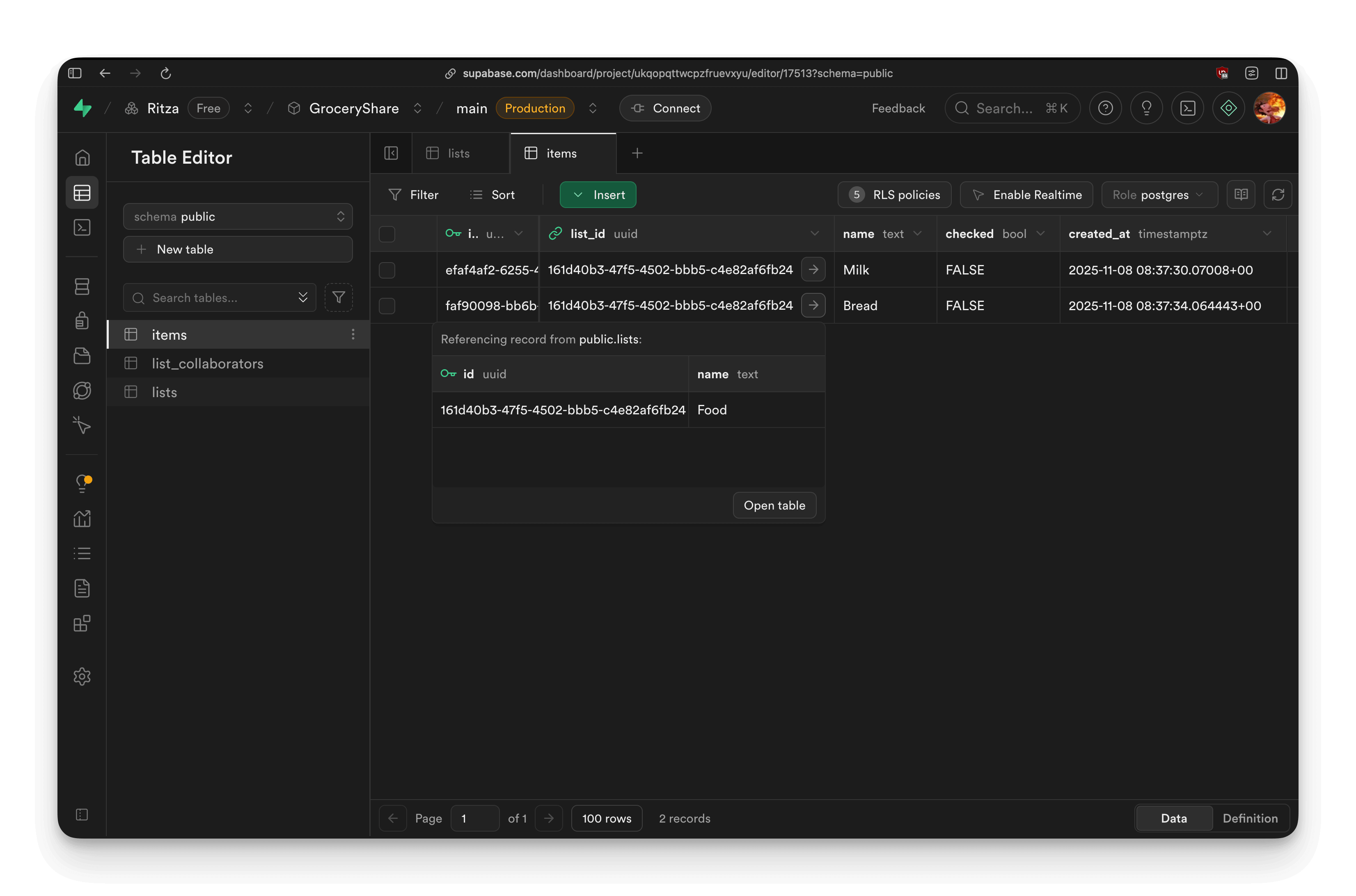 Supabase table editor showing the items table
