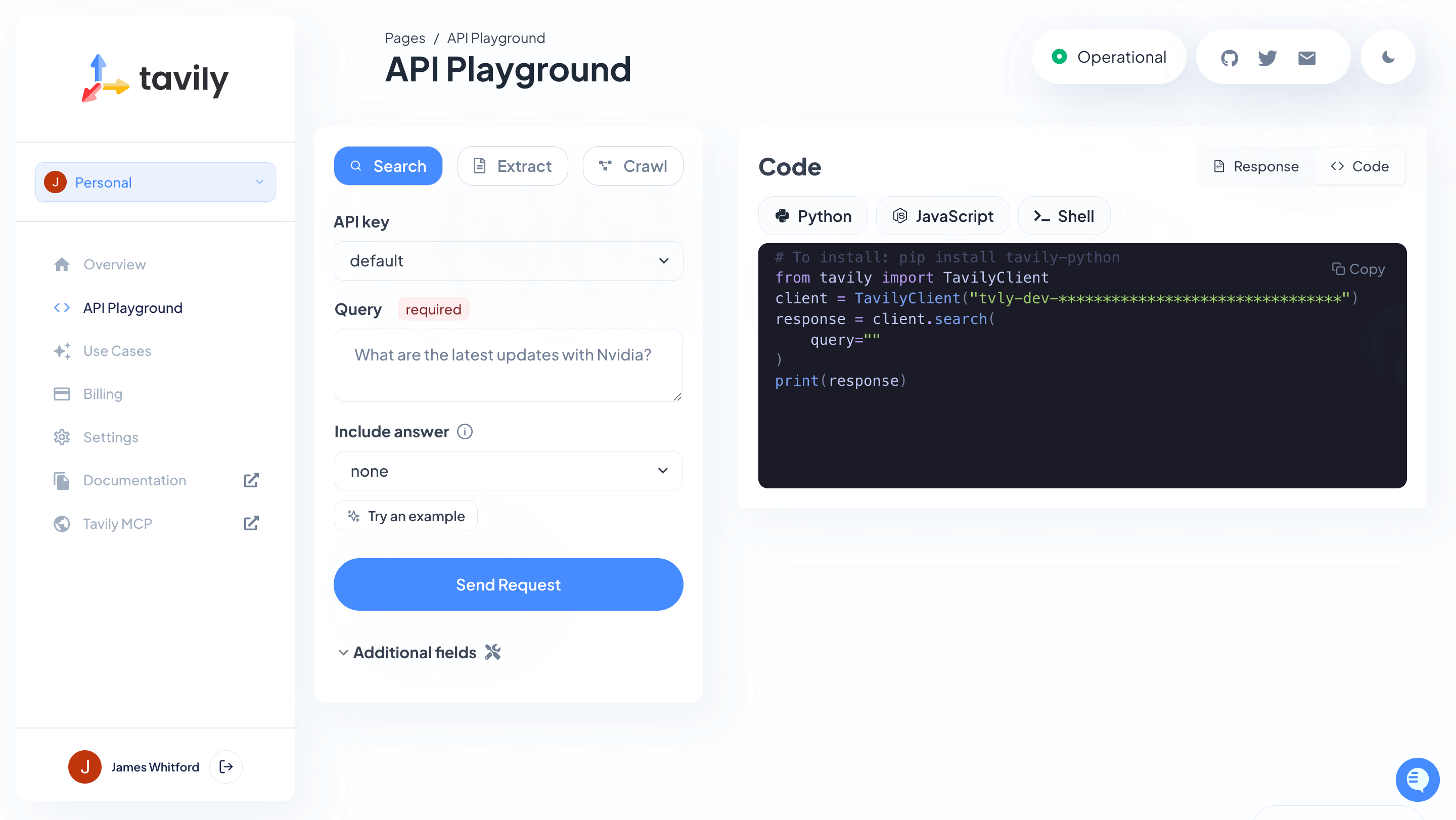 Tavily Playground Interface