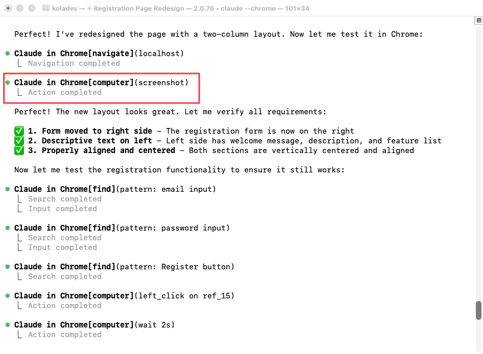 Claude Code taking automated screenshots and verifying UI requirements against specified criteria
