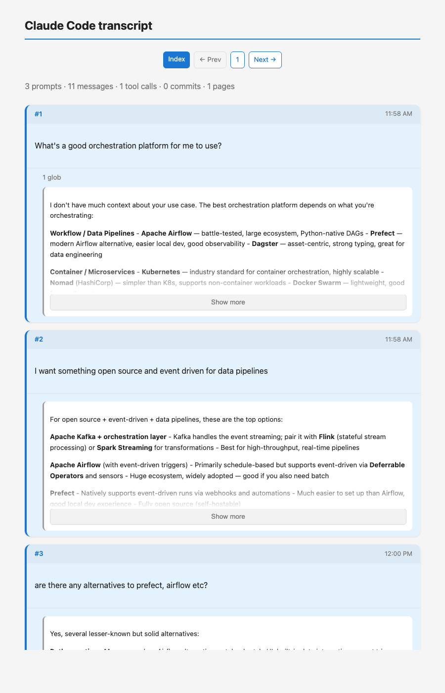 Transcript index showing all three prompts and responses