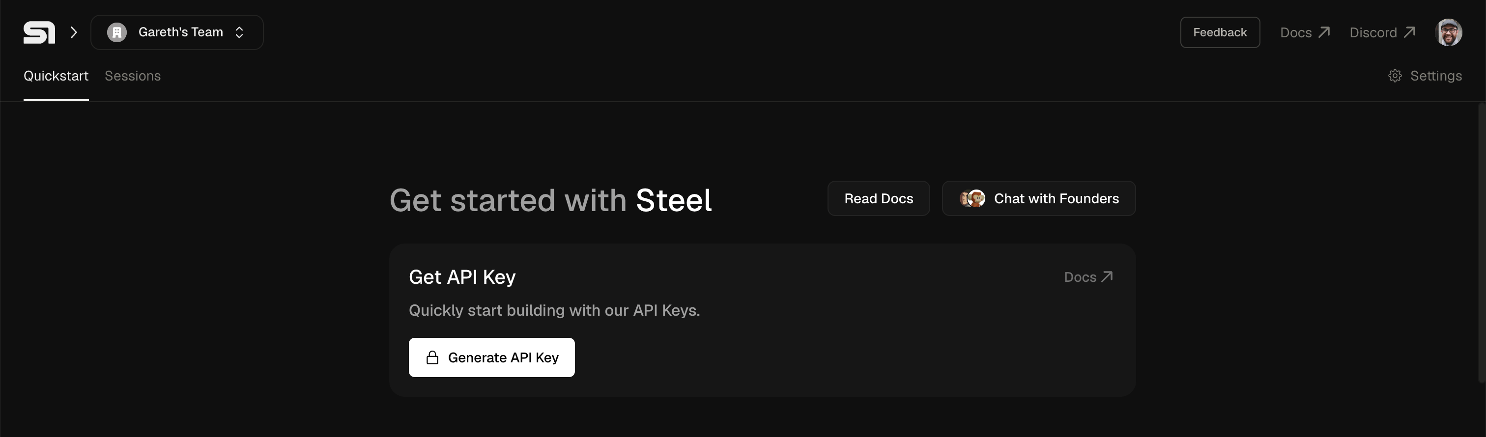 Steel API key page