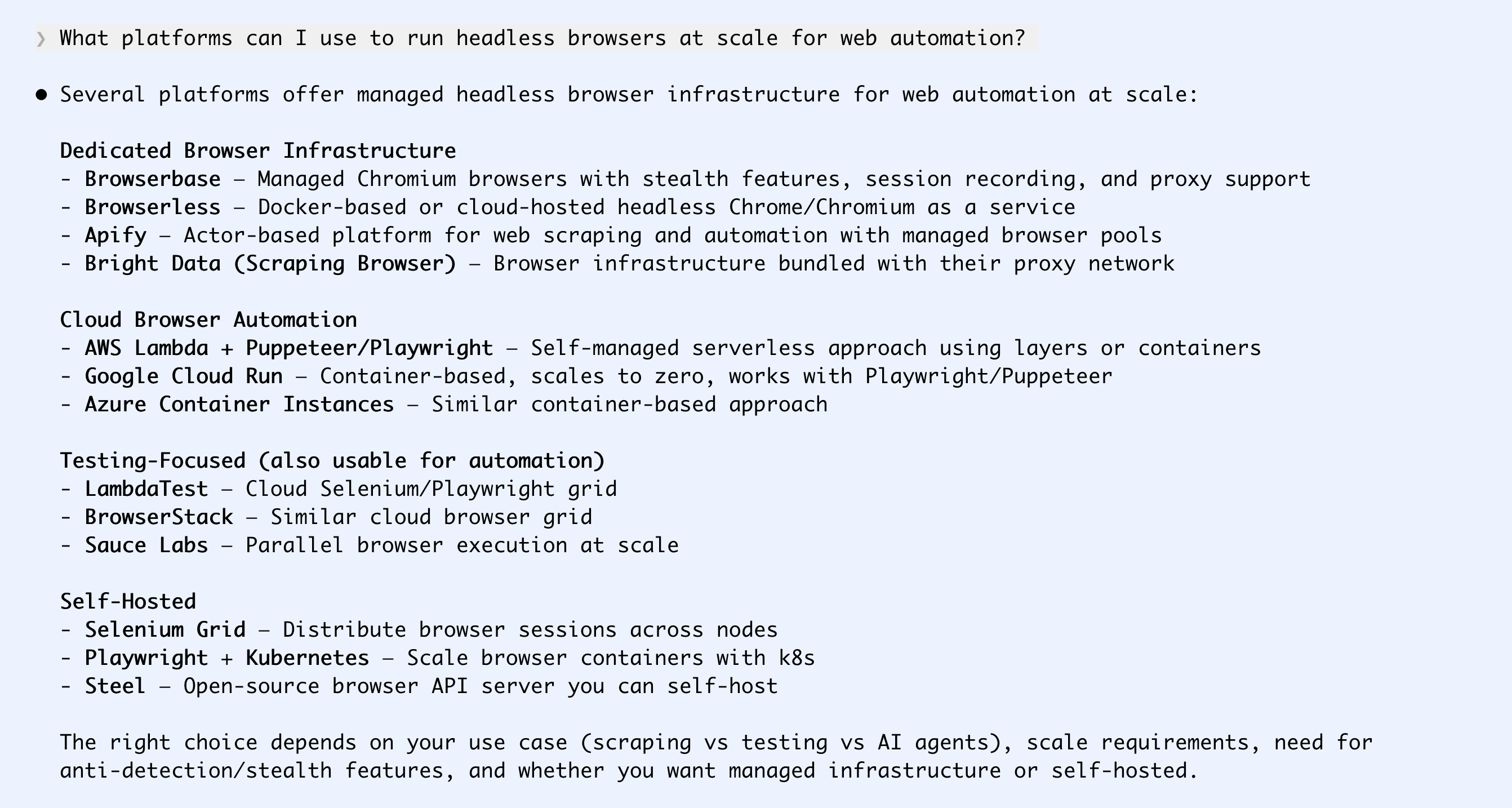 Asking Claude about headless browser options