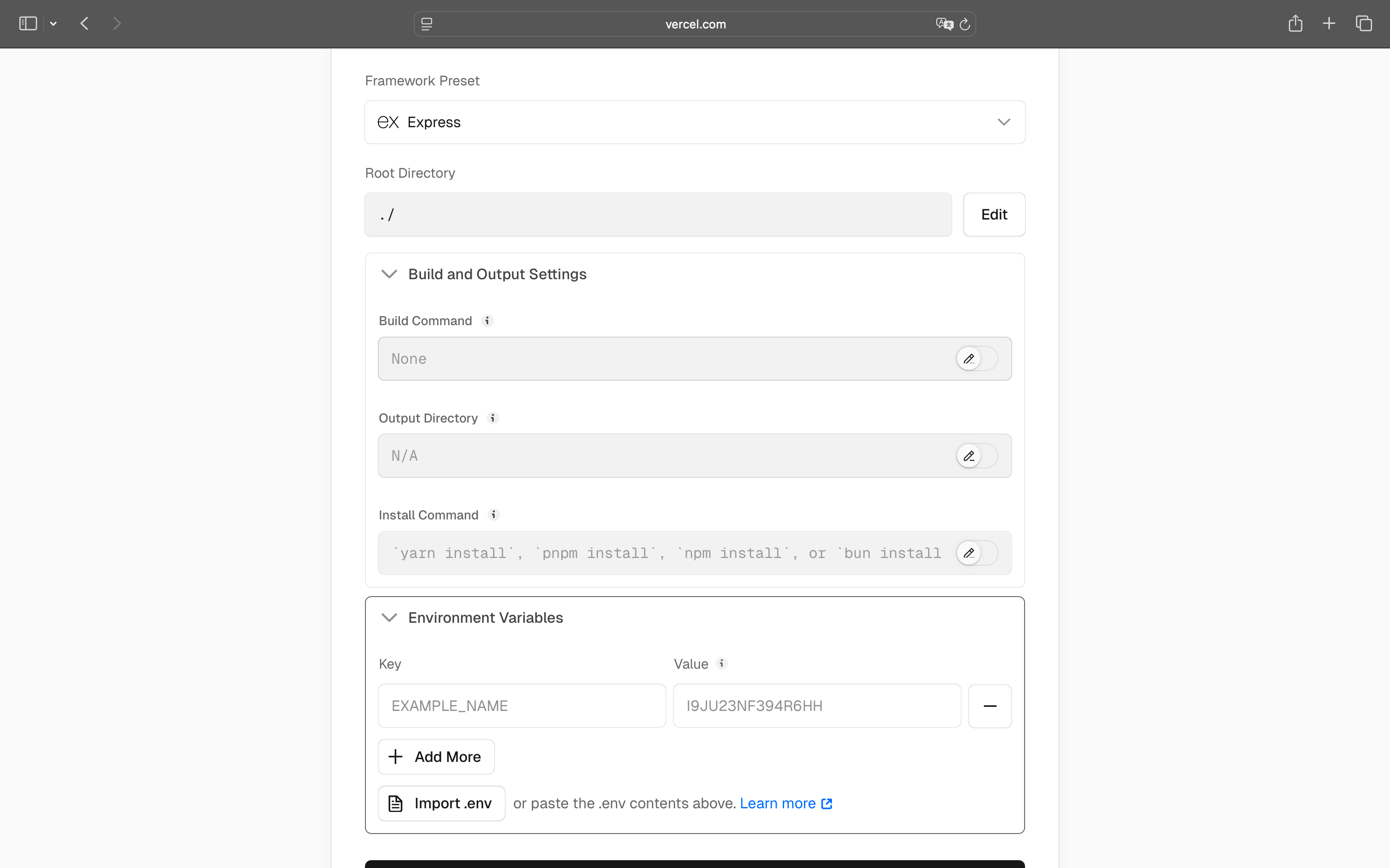 Vercel configuration page