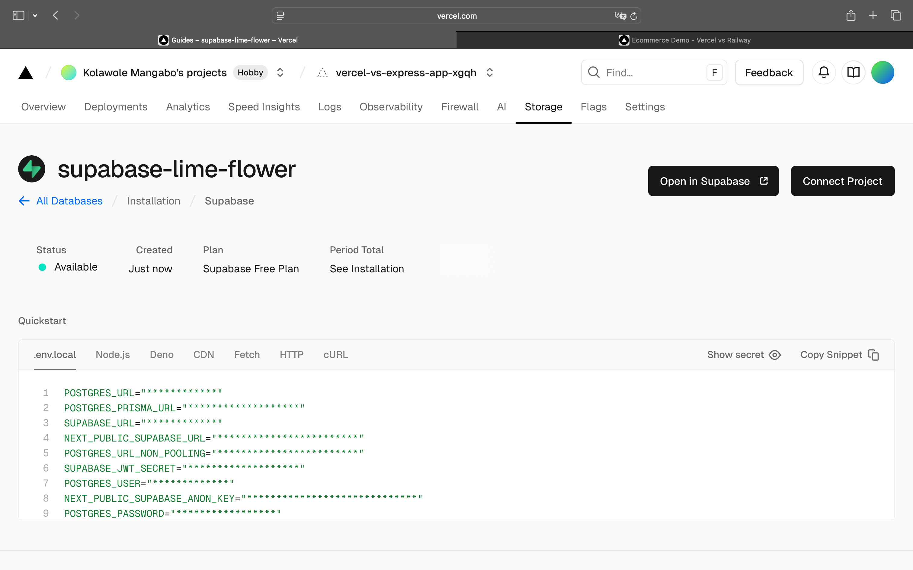 Vercel database variables
