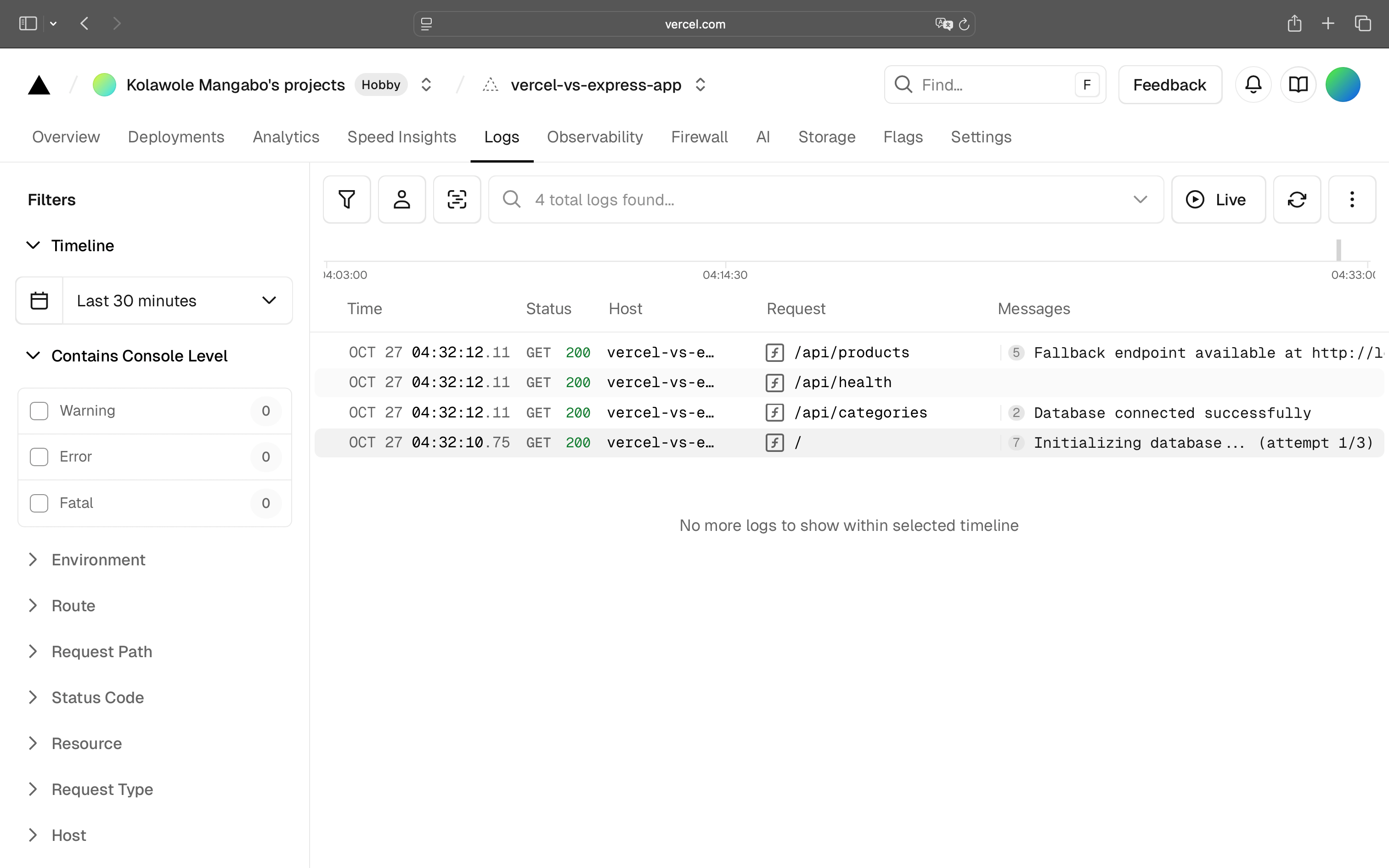 Vercel logs filtering