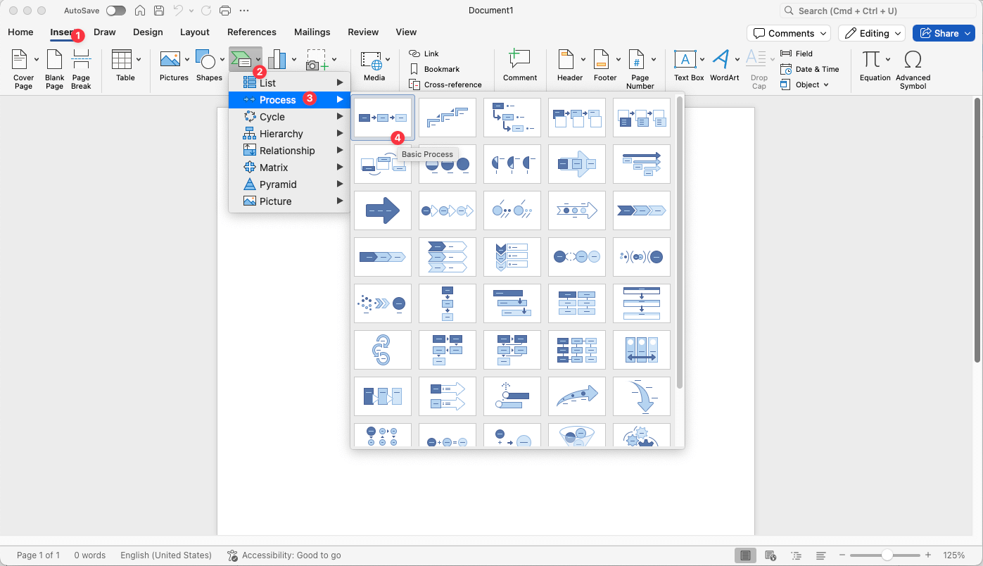 Word SmartArt insert process