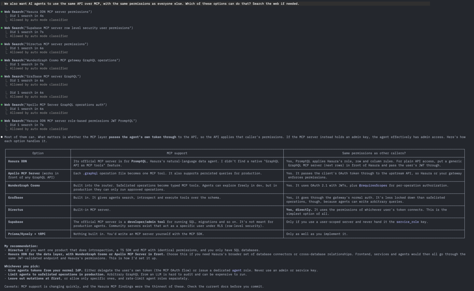 Terminal screenshot: comparison table of MCP options, recommending Directus for introspection, a TypeScript SDK and MCP with identical permissions